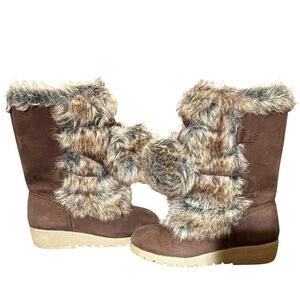 EUC Old Navy Bear Hug Faux Fur Pom Pom  Tall Boots Toddler Girl Size 11 Brown